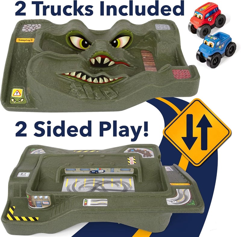SIMPLAY3 Title: Monster City Extreme Wheels Car Race Track Table - 2 Sided Portable Kids Play Table with 2 Race Trucks - Green - Made in USA - Image 3
